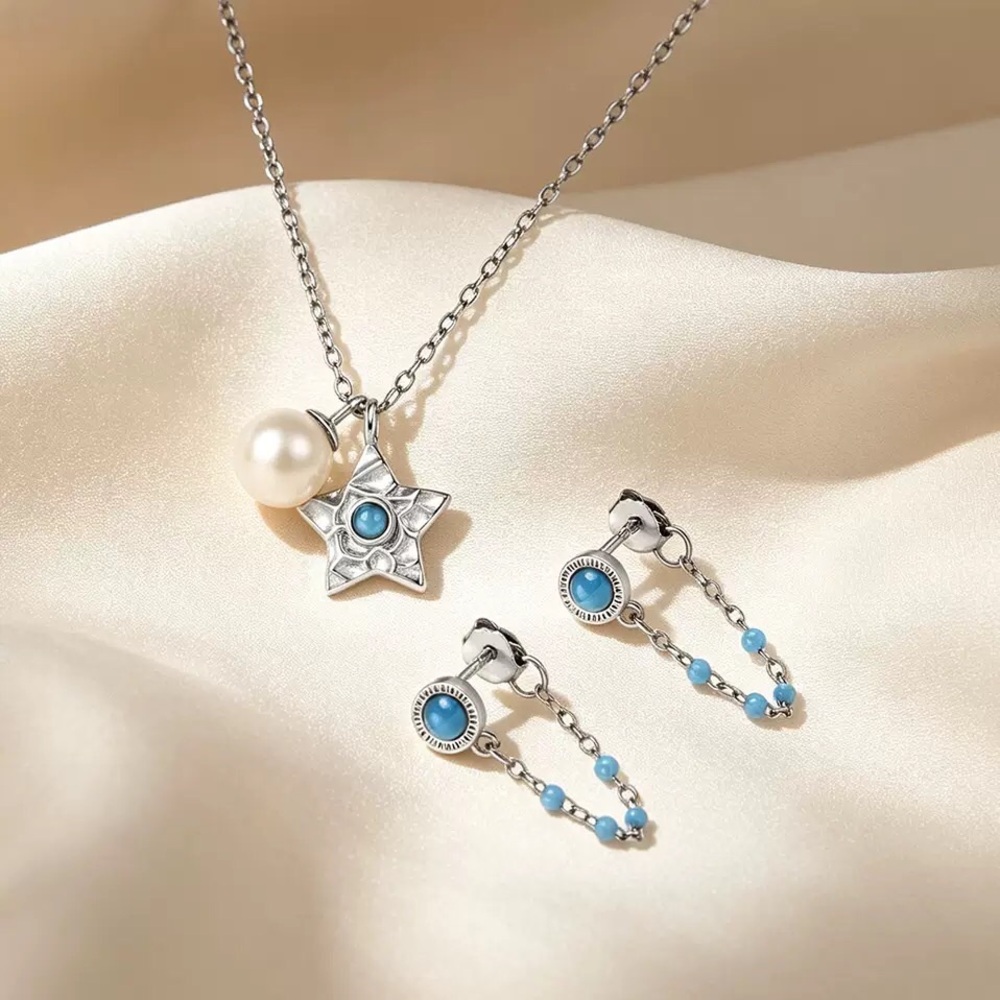 Blue & Silver Star Pendant Necklace with Pearl Accent and Matching Drop Earrings